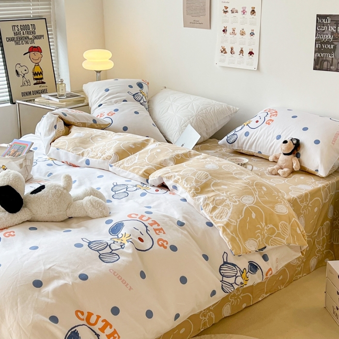 91家纺网 家纺一手货源 找家纺 昔可家纺2022新款正版授权史努比全棉四件套 蓝波点史努比