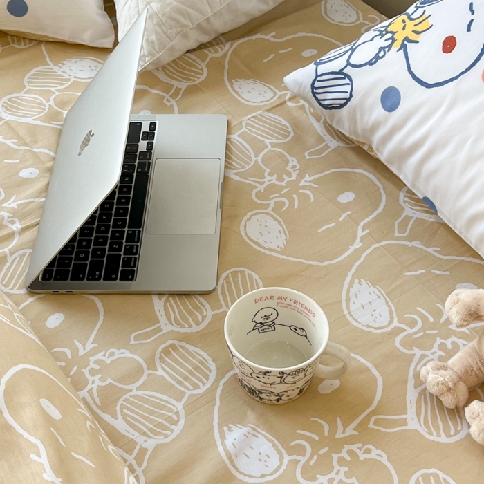 91家纺网 家纺一手货源 找家纺 昔可家纺2022新款正版授权史努比全棉四件套 蓝波点史努比