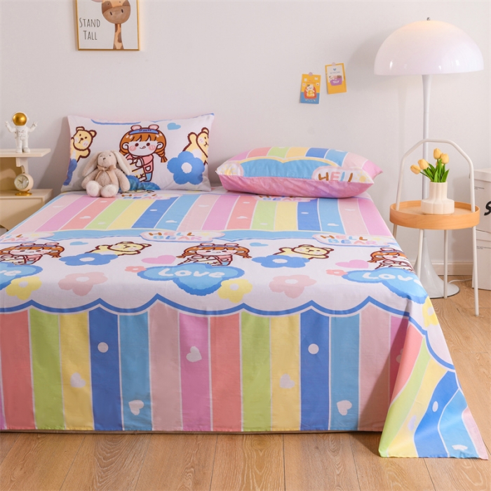 91家纺网 家纺一手货源 找家纺 名兮家居 2022新款全棉印花单件床单及三件套 彩虹女孩