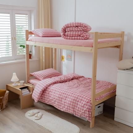 91家纺网 家纺一手货源 找家纺 梦享生活家居 2022新款水洗棉上下铺三件套 晓月格粉