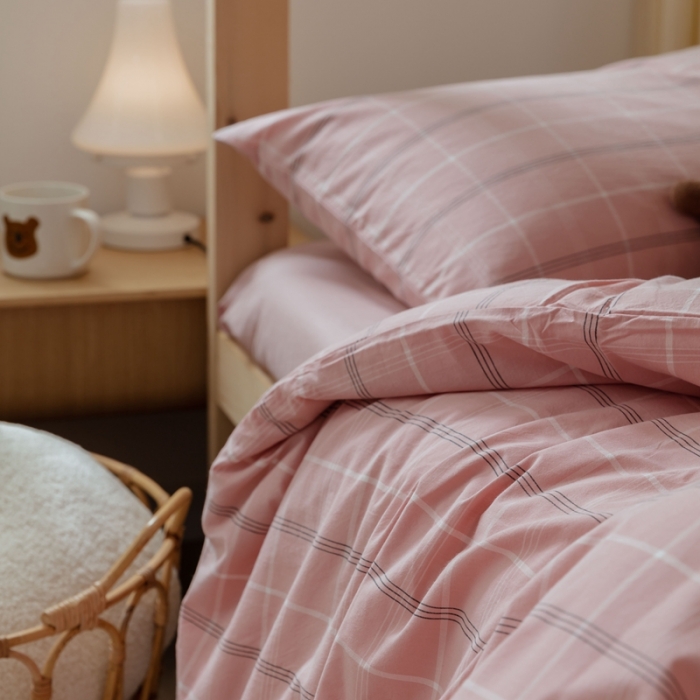 91家纺网 家纺一手货源 找家纺 梦享生活家居 2022新款水洗棉上下铺三件套 格调粉