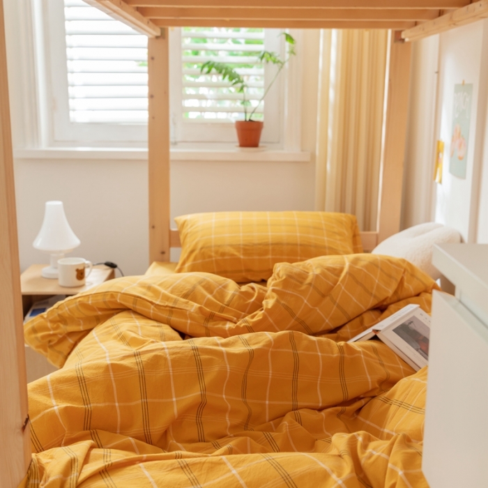 91家纺网 家纺一手货源 找家纺 梦享生活家居 2022新款水洗棉上下铺三件套 格调黄