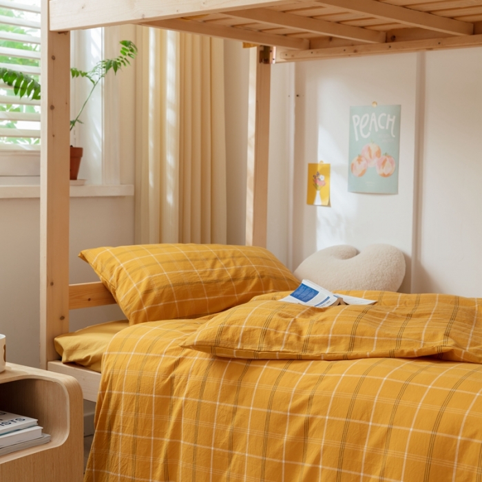 91家纺网 家纺一手货源 找家纺 梦享生活家居 2022新款水洗棉上下铺三件套 格调黄