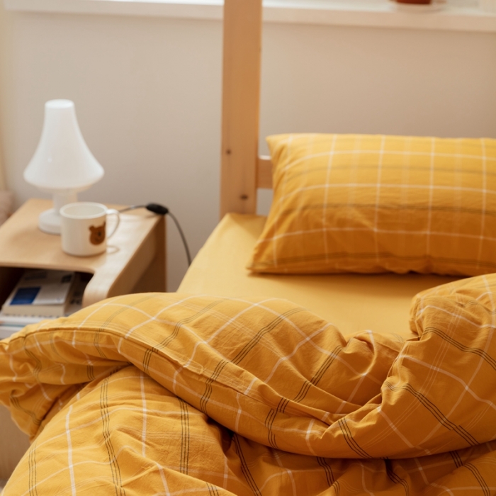 91家纺网 家纺一手货源 找家纺 梦享生活家居 2022新款水洗棉上下铺三件套 格调黄