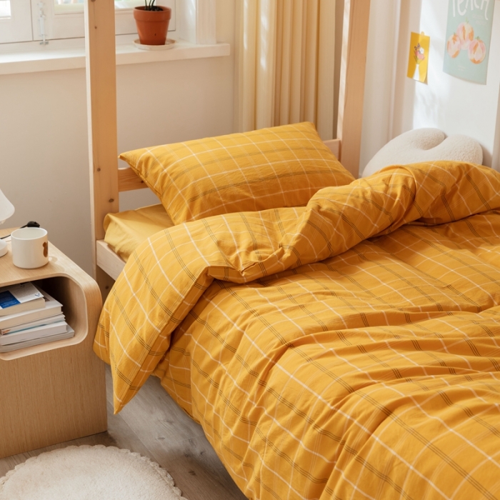 91家纺网 家纺一手货源 找家纺 梦享生活家居 2022新款水洗棉上下铺三件套 格调黄