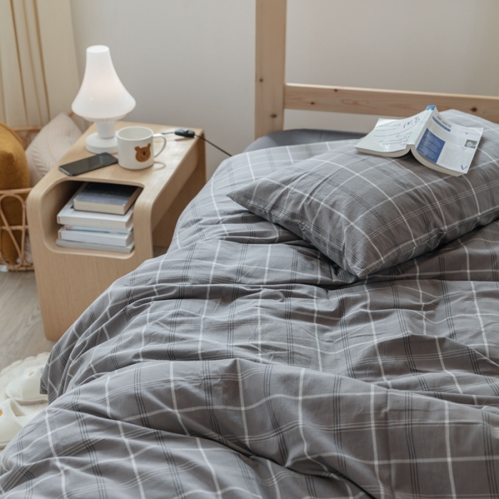 91家纺网 家纺一手货源 找家纺 梦享生活家居 2022新款水洗棉上下铺三件套 格调灰