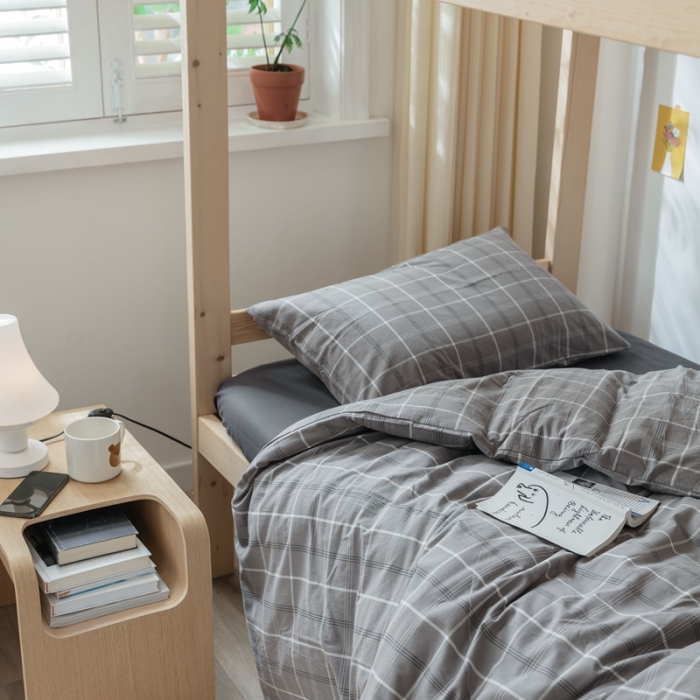 91家纺网 家纺一手货源 找家纺 梦享生活家居 2022新款水洗棉上下铺三件套 格调灰