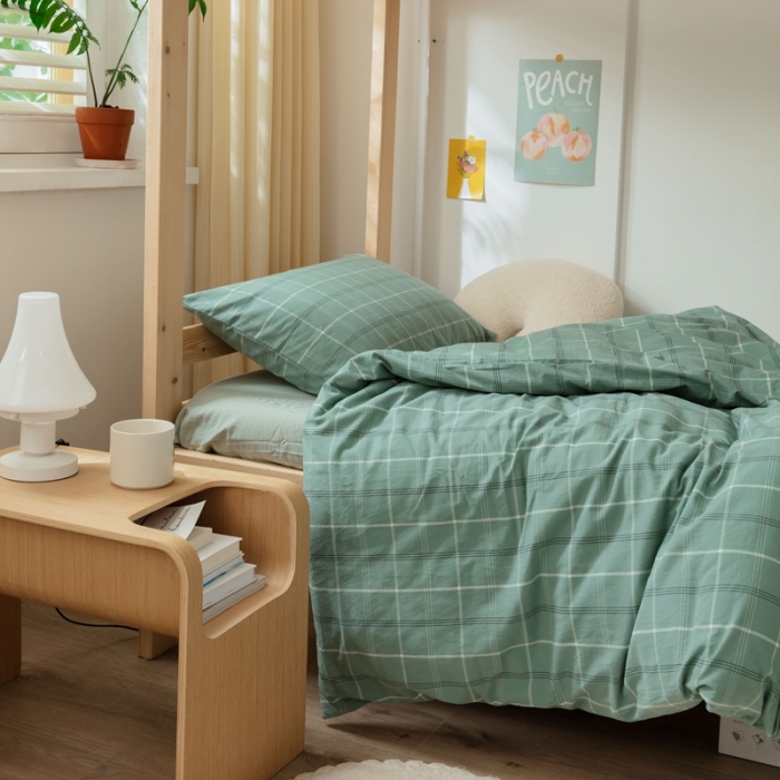 91家纺网 家纺一手货源 找家纺 梦享生活家居 2022新款水洗棉上下铺三件套 格调绿