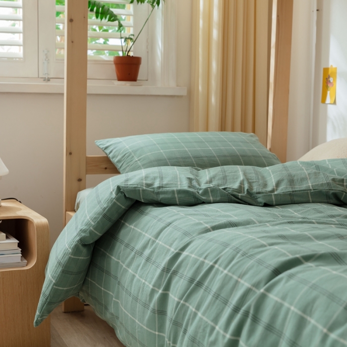 91家纺网 家纺一手货源 找家纺 梦享生活家居 2022新款水洗棉上下铺三件套 格调绿