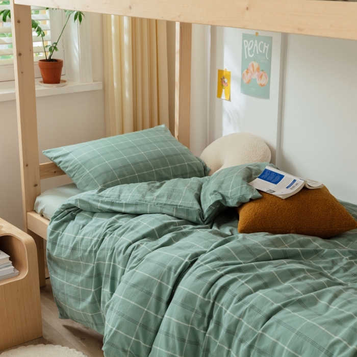 91家纺网 家纺一手货源 找家纺 梦享生活家居 2022新款水洗棉上下铺三件套 格调绿