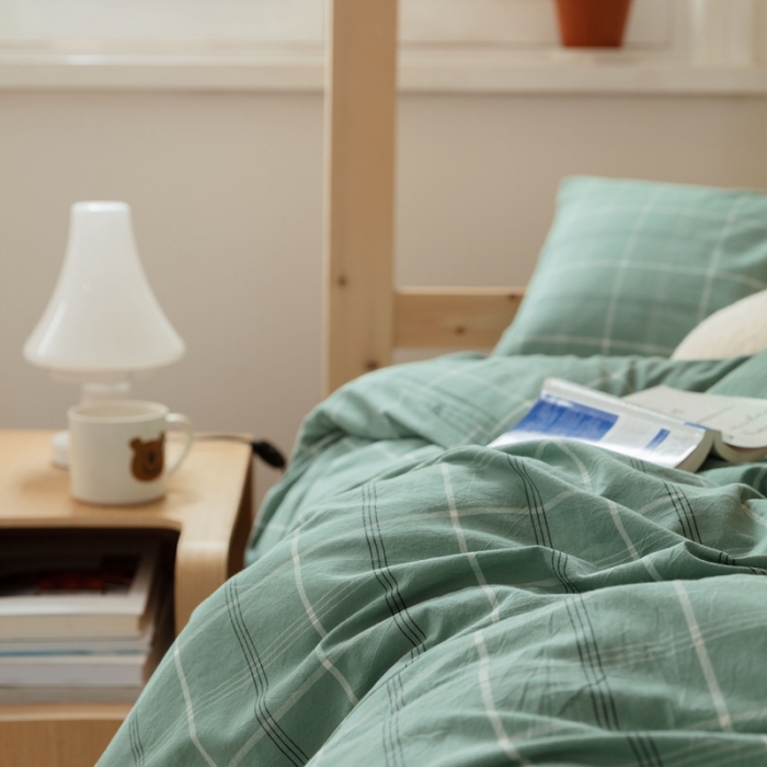 91家纺网 家纺一手货源 找家纺 梦享生活家居 2022新款水洗棉上下铺三件套 格调绿