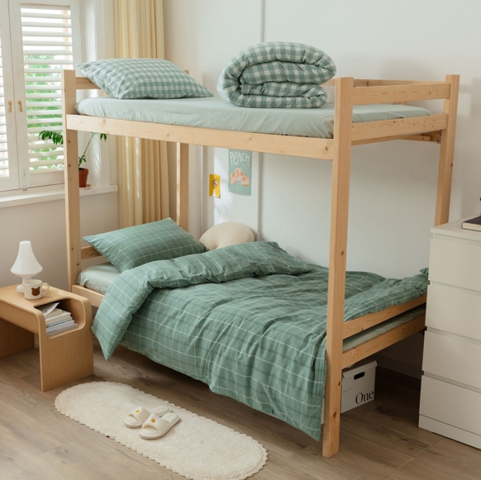 91家纺网 家纺一手货源 找家纺 梦享生活家居 2022新款水洗棉上下铺三件套 格调绿