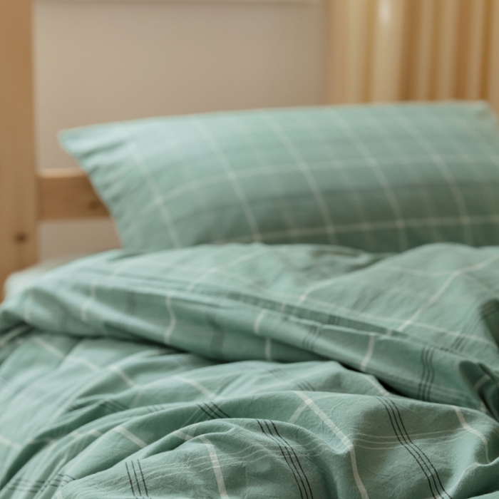 91家纺网 家纺一手货源 找家纺 梦享生活家居 2022新款水洗棉上下铺三件套 格调绿