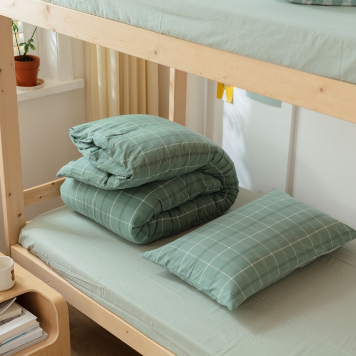 91家纺网 家纺一手货源 找家纺 梦享生活家居 2022新款水洗棉上下铺三件套 格调绿