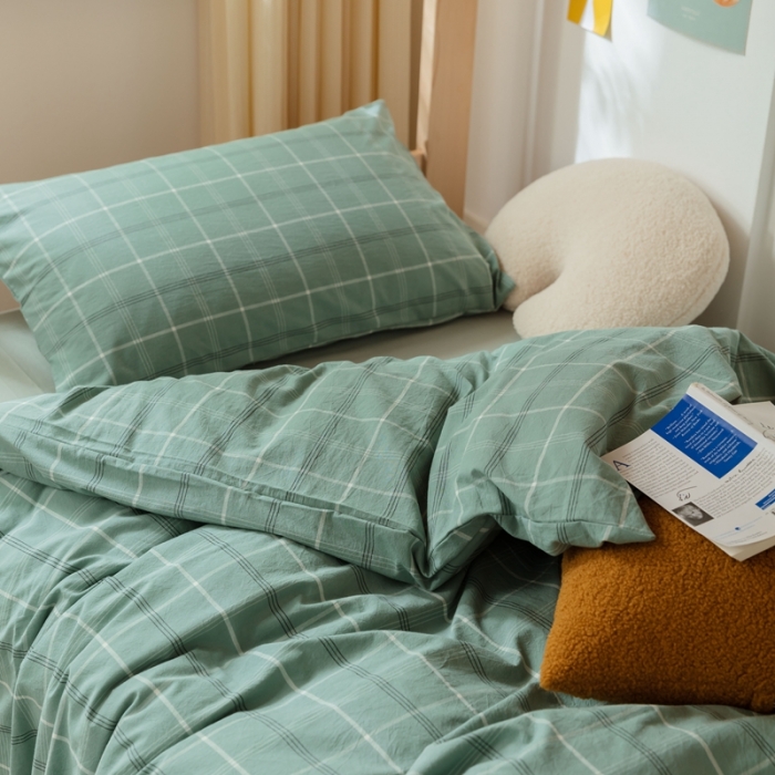 91家纺网 家纺一手货源 找家纺 梦享生活家居 2022新款水洗棉上下铺三件套 格调绿