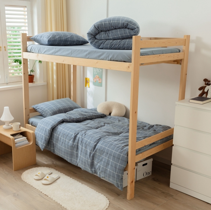 91家纺网 家纺一手货源 找家纺 梦享生活家居 2022新款水洗棉上下铺三件套 格调雾蓝