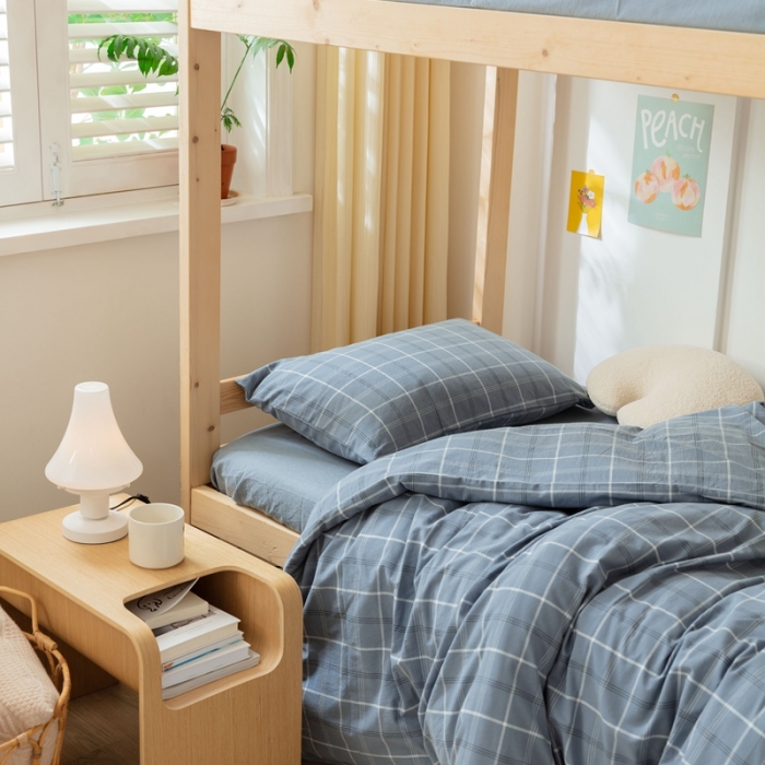 91家纺网 家纺一手货源 找家纺 梦享生活家居 2022新款水洗棉上下铺三件套 格调雾蓝