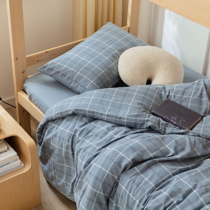 91家纺网 家纺一手货源 找家纺 梦享生活家居 2022新款水洗棉上下铺三件套 格调雾蓝