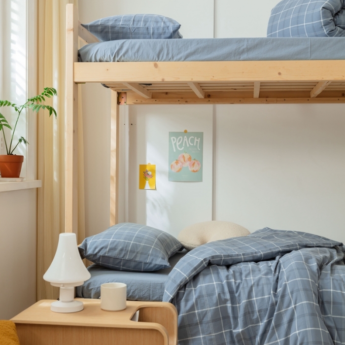 91家纺网 家纺一手货源 找家纺 梦享生活家居 2022新款水洗棉上下铺三件套 格调雾蓝