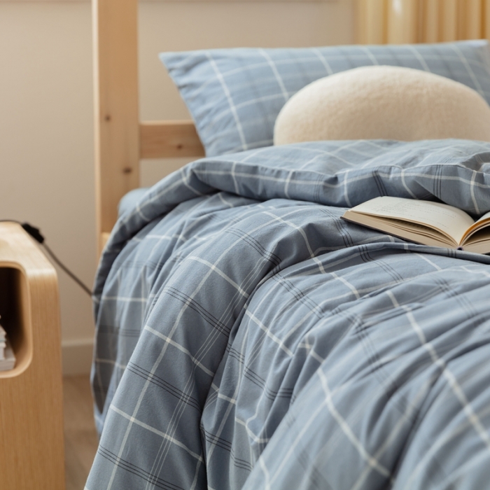 91家纺网 家纺一手货源 找家纺 梦享生活家居 2022新款水洗棉上下铺三件套 格调雾蓝