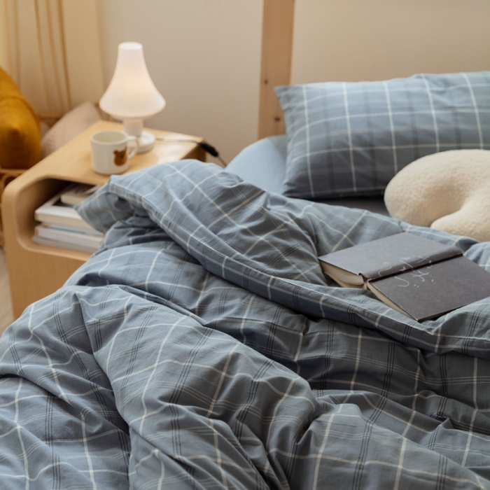 91家纺网 家纺一手货源 找家纺 梦享生活家居 2022新款水洗棉上下铺三件套 格调雾蓝