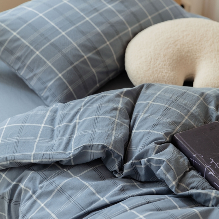 91家纺网 家纺一手货源 找家纺 梦享生活家居 2022新款水洗棉上下铺三件套 格调雾蓝