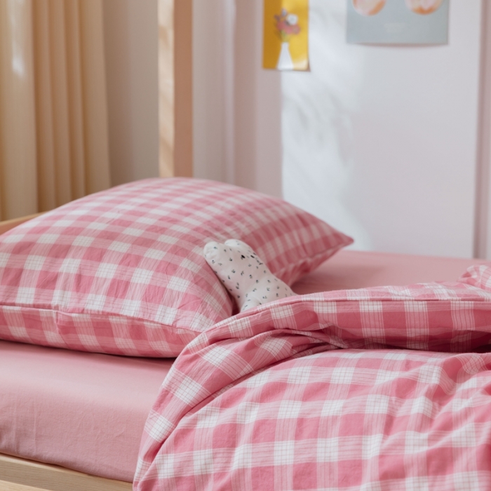 91家纺网 家纺一手货源 找家纺 梦享生活家居 2022新款水洗棉上下铺三件套 晓月格粉