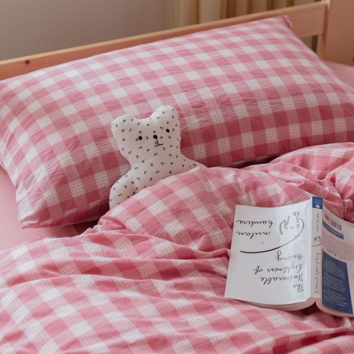 91家纺网 家纺一手货源 找家纺 梦享生活家居 2022新款水洗棉上下铺三件套 晓月格粉