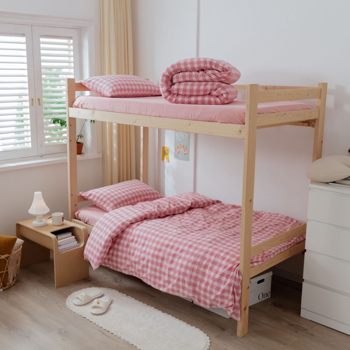 91家纺网 家纺一手货源 找家纺 梦享生活家居 2022新款水洗棉上下铺三件套 晓月格粉