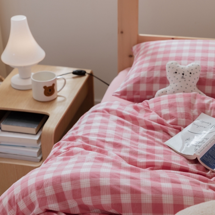 91家纺网 家纺一手货源 找家纺 梦享生活家居 2022新款水洗棉上下铺三件套 晓月格粉