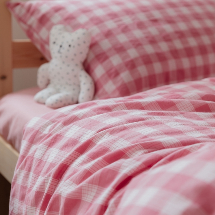 91家纺网 家纺一手货源 找家纺 梦享生活家居 2022新款水洗棉上下铺三件套 晓月格粉