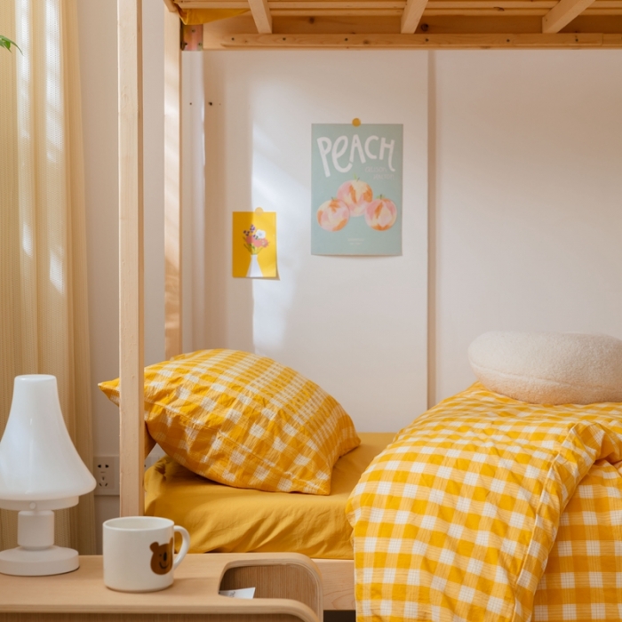 91家纺网 家纺一手货源 找家纺 梦享生活家居 2022新款水洗棉上下铺三件套 晓月格黄