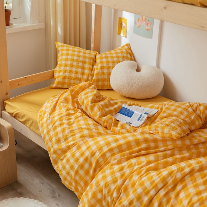 91家纺网 家纺一手货源 找家纺 梦享生活家居 2022新款水洗棉上下铺三件套 晓月格黄