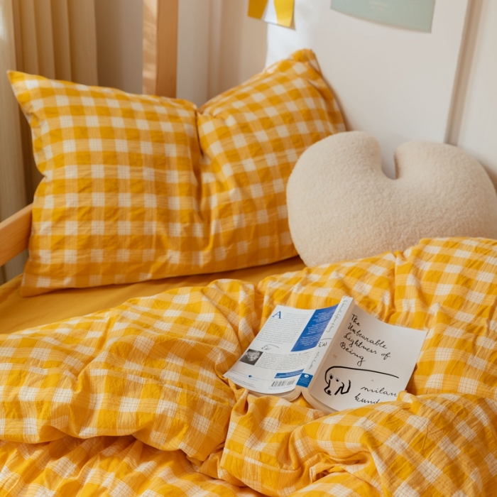 91家纺网 家纺一手货源 找家纺 梦享生活家居 2022新款水洗棉上下铺三件套 晓月格黄