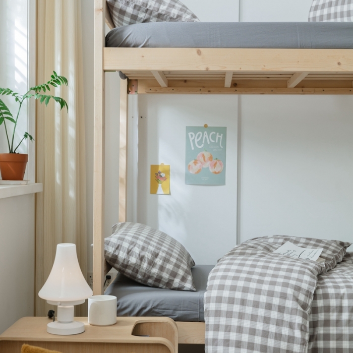 91家纺网 家纺一手货源 找家纺 梦享生活家居 2022新款水洗棉上下铺三件套 晓月格灰