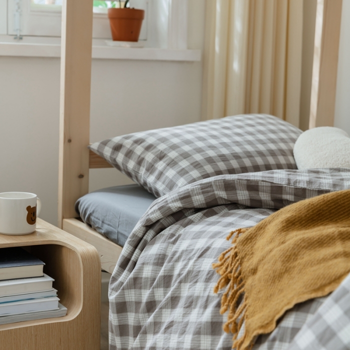 91家纺网 家纺一手货源 找家纺 梦享生活家居 2022新款水洗棉上下铺三件套 晓月格灰