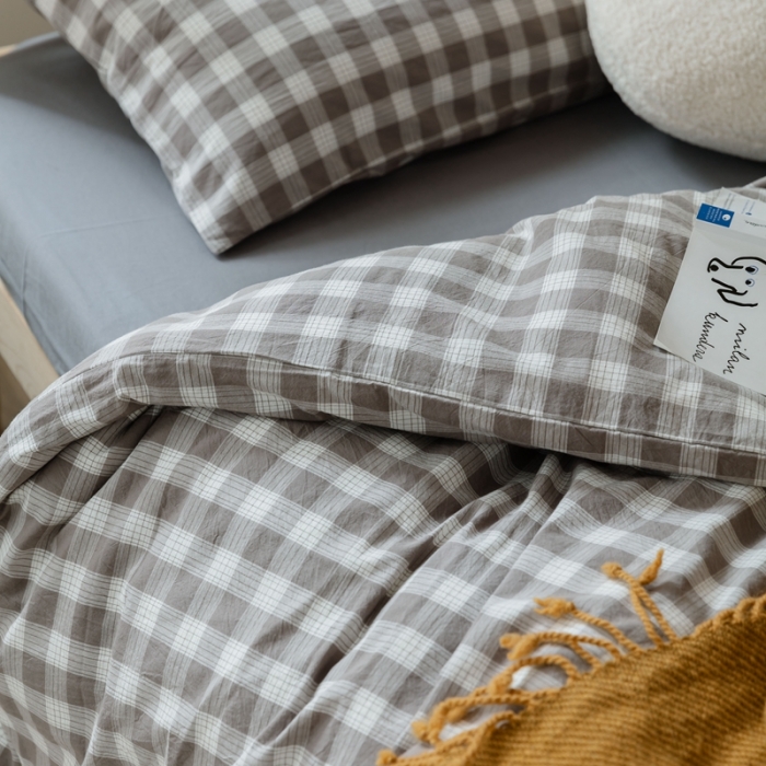 91家纺网 家纺一手货源 找家纺 梦享生活家居 2022新款水洗棉上下铺三件套 晓月格灰