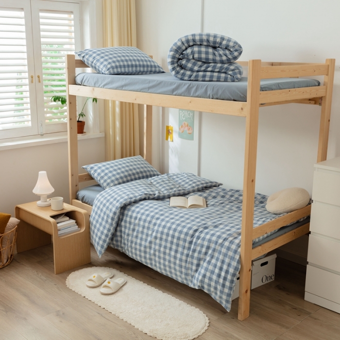 91家纺网 家纺一手货源 找家纺 梦享生活家居 2022新款水洗棉上下铺三件套 晓月格蓝