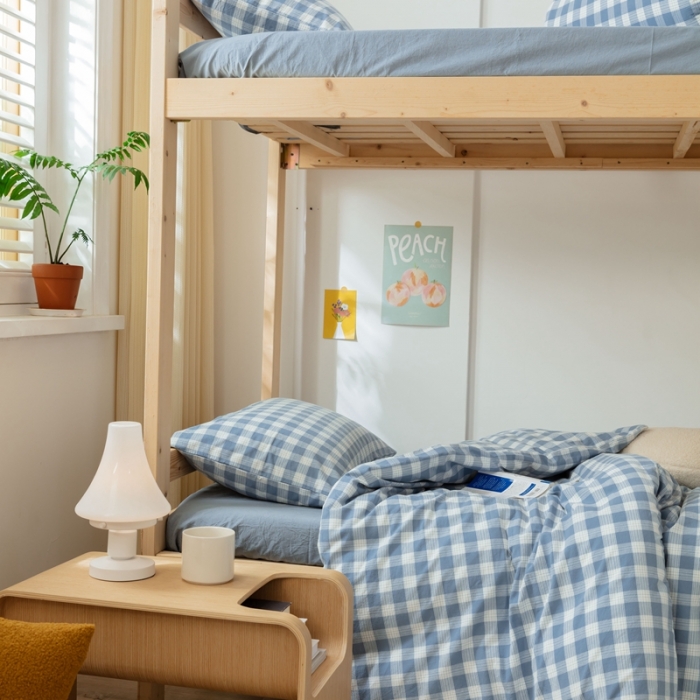 91家纺网 家纺一手货源 找家纺 梦享生活家居 2022新款水洗棉上下铺三件套 晓月格蓝