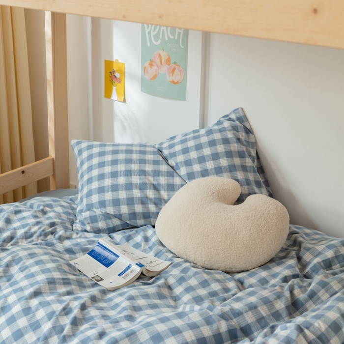 91家纺网 家纺一手货源 找家纺 梦享生活家居 2022新款水洗棉上下铺三件套 晓月格蓝