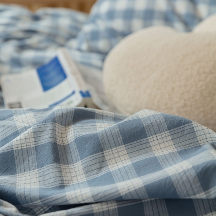 91家纺网 家纺一手货源 找家纺 梦享生活家居 2022新款水洗棉上下铺三件套 晓月格蓝