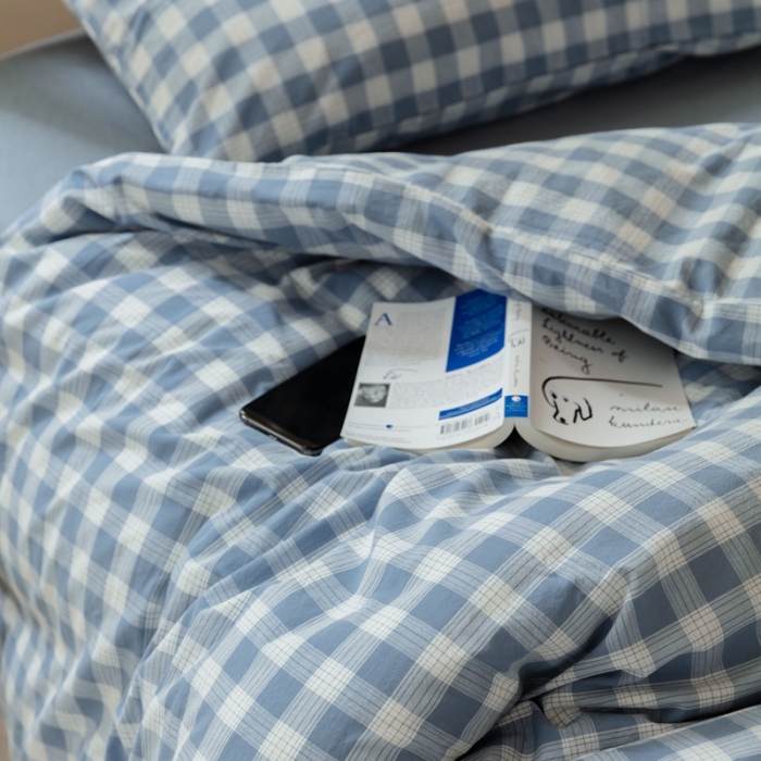 91家纺网 家纺一手货源 找家纺 梦享生活家居 2022新款水洗棉上下铺三件套 晓月格蓝