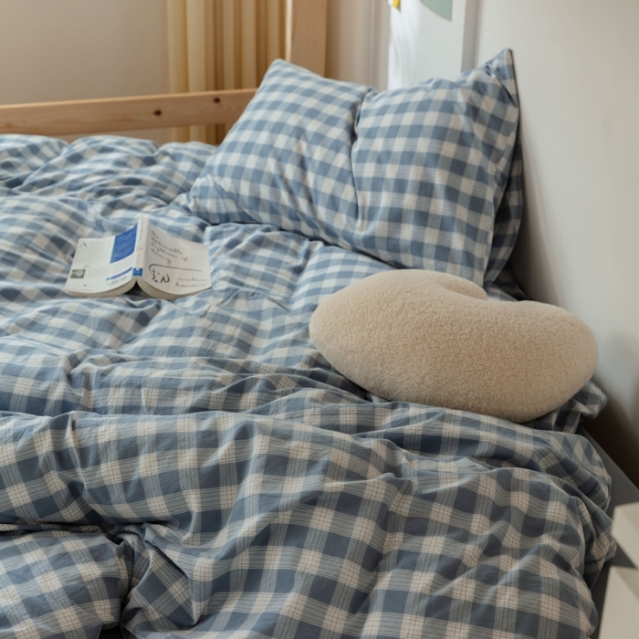 91家纺网 家纺一手货源 找家纺 梦享生活家居 2022新款水洗棉上下铺三件套 晓月格蓝