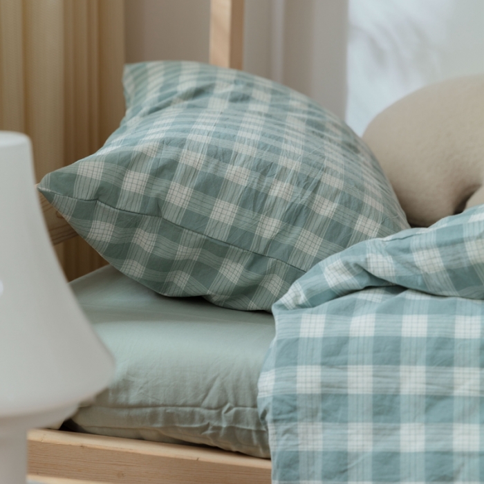 91家纺网 家纺一手货源 找家纺 梦享生活家居 2022新款水洗棉上下铺三件套 晓月格绿