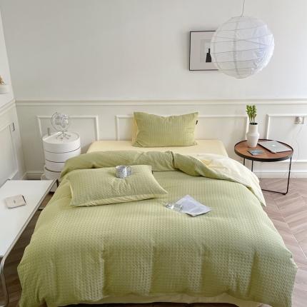 91家纺网 家纺一手货源 找家纺 梦享生活家居 2022新款华夫格四件套 茶绿双拼