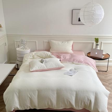 91家纺网 家纺一手货源 找家纺 梦享生活家居 2022新款华夫格四件套 奶昔双拼水粉