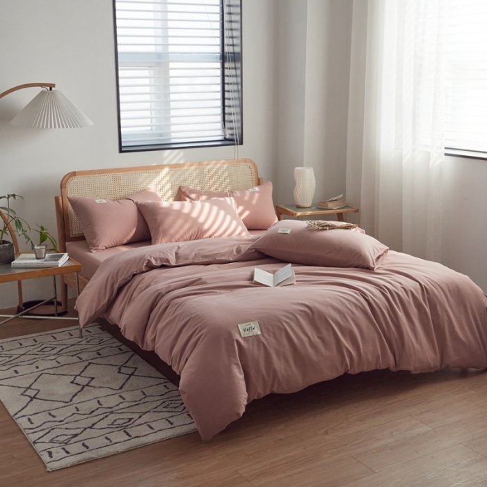 91家纺网 家纺一手货源 找家纺 AB家纺 2022新款全棉水洗棉四件套 豆沙