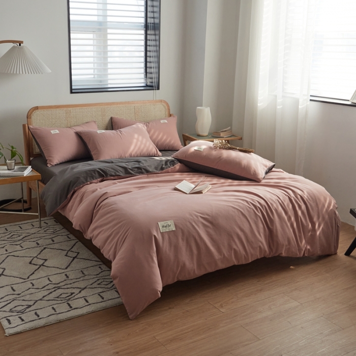 91家纺网 家纺一手货源 找家纺 AB家纺 2022新款全棉水洗棉四件套 豆沙深灰