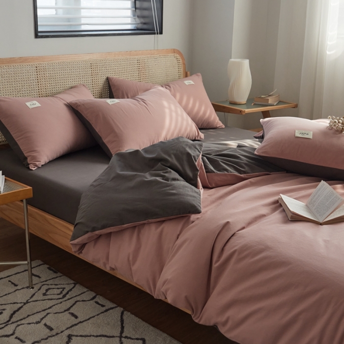 91家纺网 家纺一手货源 找家纺 AB家纺 2022新款全棉水洗棉四件套 豆沙深灰