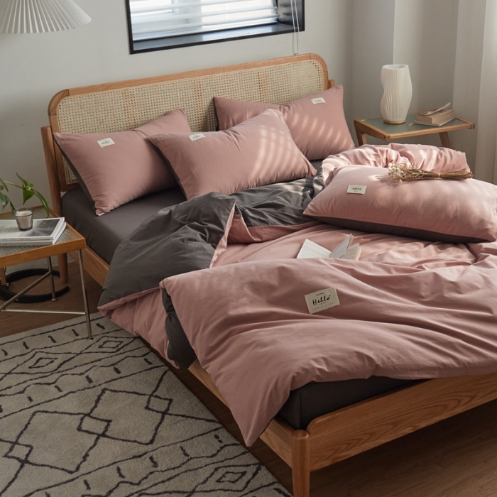 91家纺网 家纺一手货源 找家纺 AB家纺 2022新款全棉水洗棉四件套 豆沙深灰